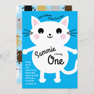 Cute Kitty Cat Colourful 1st Birthday Invitations