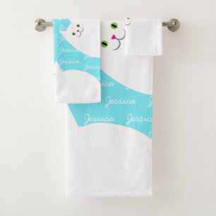 Cute Kitty Cat Custom Name Girls Bath Towel Set