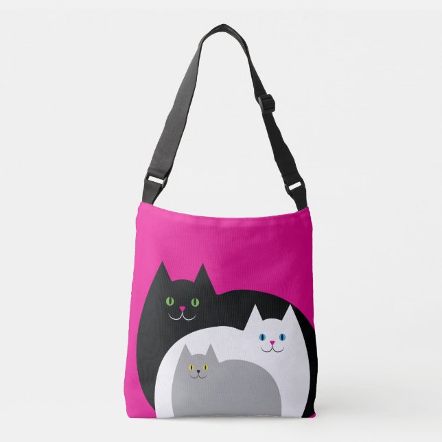 Cute Kitty Cat Family White Pink and Black Crossbody Bag (Front)