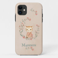 Cute Kitty Cat Floral Vintage Simple Monogram