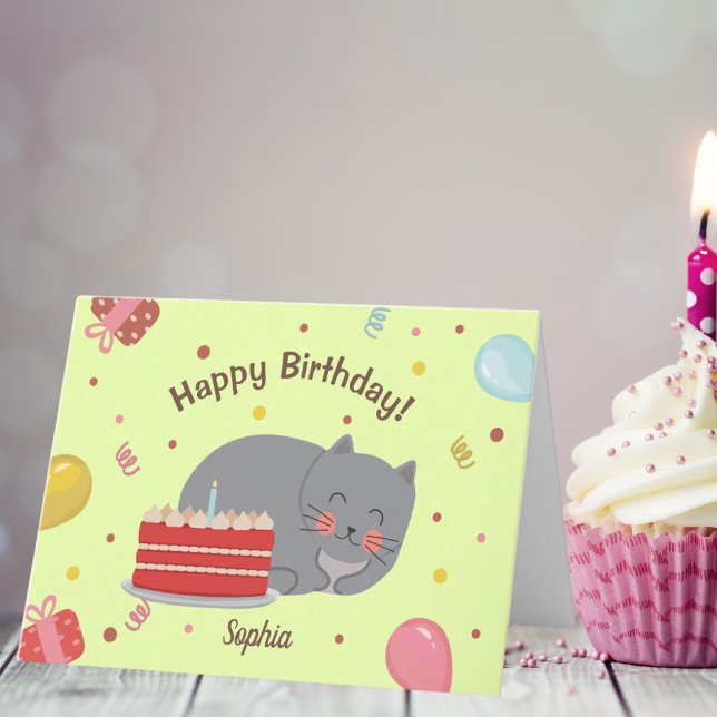 Cute Kitty Cat Green Birthday Party Card (Creator Uploaded)