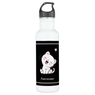 Cute Kitty Cat & Heart on Black 710 Ml Water Bottle