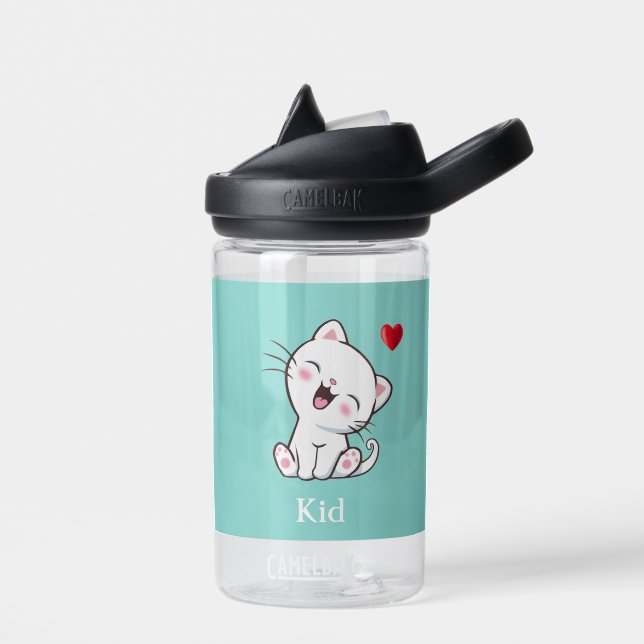 Cute Kitty Cat & Heart on Light Blue Water Bottle (Left)