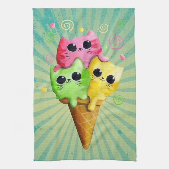 Cute Kitty Cat Ice Cream Tea Towel (Vertical)