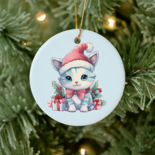 Cute Kitty Cat in a Santa Hat Christmas Ceramic Tree Decoration