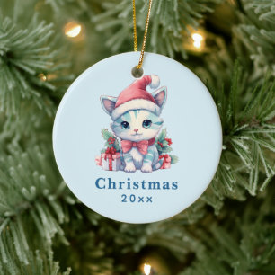 Cute Kitty Cat in a Santa Hat Christmas Ceramic Tree Decoration