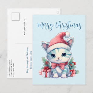Cute Kitty Cat in a Santa Hat Christmas Holiday Postcard