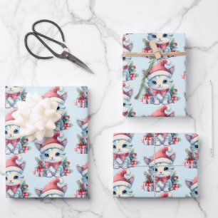 Cute Kitty Cat in a Santa Hat Christmas Pattern Wrapping Paper Sheet