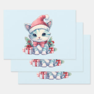 Cute Kitty Cat in a Santa Hat Christmas Wrapping Paper Sheet