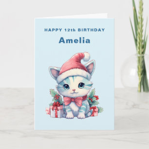 Cute Kitty Cat in a Santa Hat Kid's Birthday Card