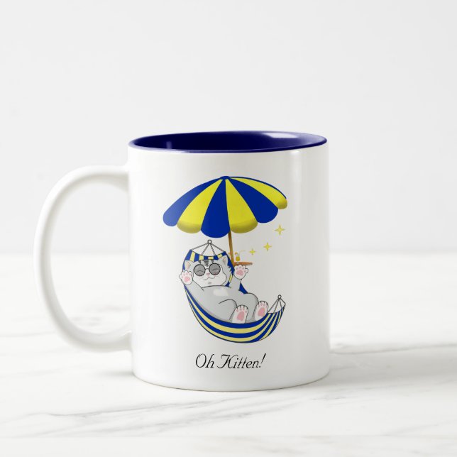 Cute Kitty Cat in Hammock Two-Tone Coffee Mug (Left)