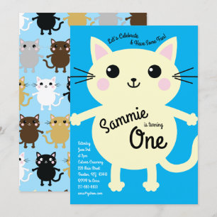 Cute Kitty Cat Kids Birthday Blue Invitation