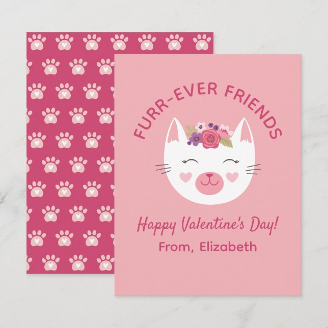 Cute Kitty Cat Kids Valentines Day Classroom Card (Front/Back)