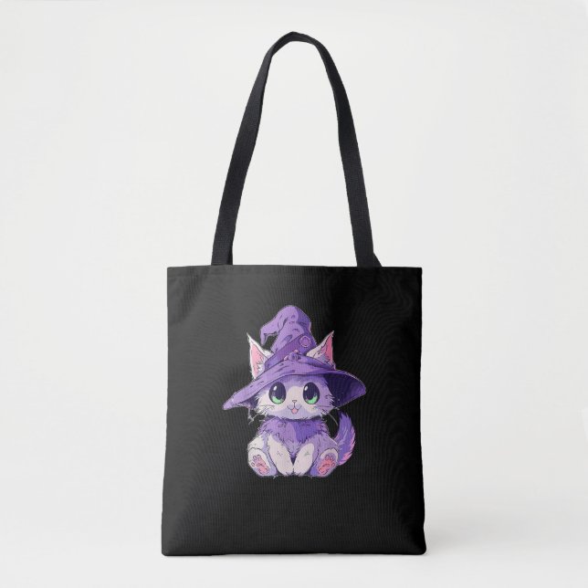Cute Kitty Cat Kitten in Witch Hat Girls Halloween Tote Bag (Front)