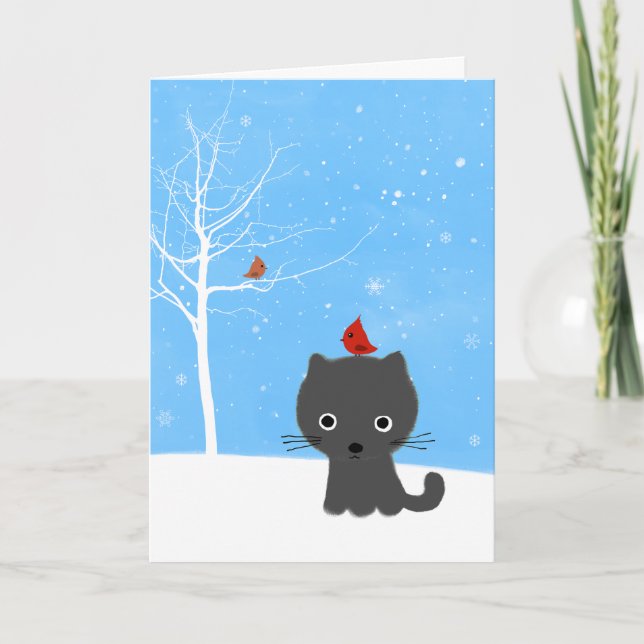 Cute Kitty Cat & Little Red Birds White Christmas Holiday Card (Front)