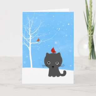 Cute Kitty Cat & Little Red Birds White Christmas Holiday Card