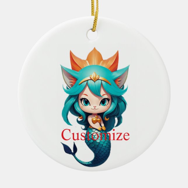 Cute Kitty Cat Mermaid Thunder_Cove Ceramic Tree Decoration (Front)