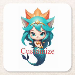Cute Kitty Cat Mermaid Thunder_Cove Square Paper Coaster
