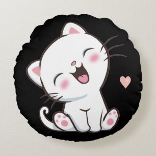 Cute Kitty Cat on Black Round Cushion