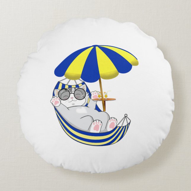 Cute kitty cat on hammock round cushion (Front)