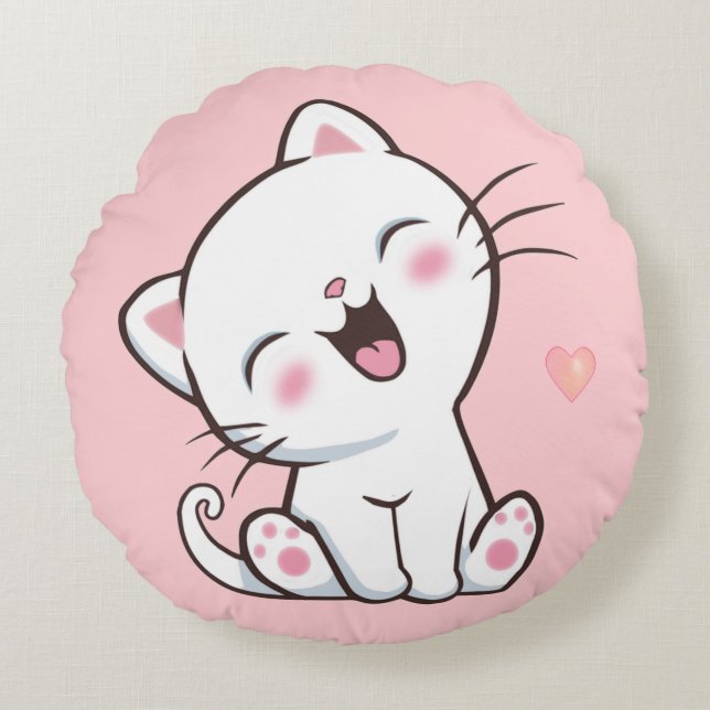 Cute Kitty Cat on Light Pink Round Cushion (Front)