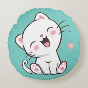 Cute Kitty Cat on Light Teal Round Cushion