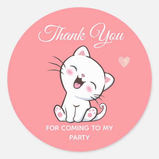 Cute Kitty Cat on Pink Thank You Classic Round Sticker (Front)