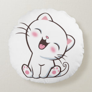 Cute Kitty Cat on White Round Cushion