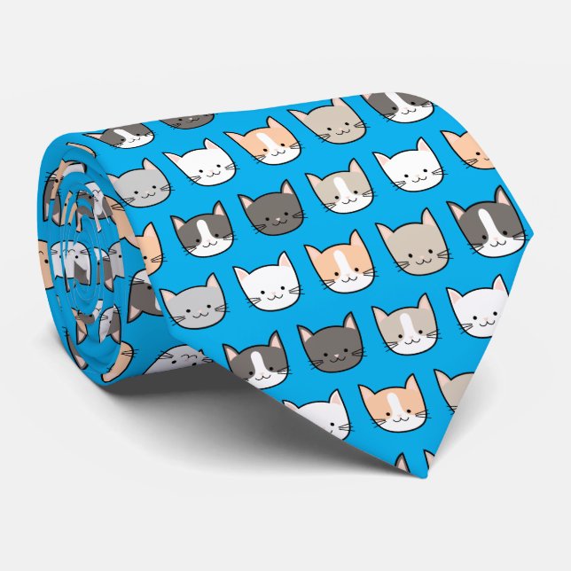 Cute Kitty Cat Pattern On A Blue Tie (Rolled)