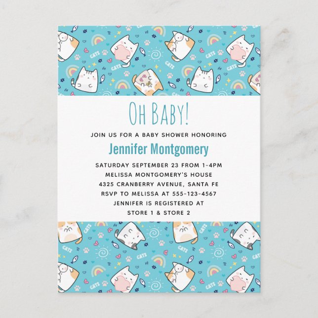 Cute Kitty Cat Pattern Whimsical Baby Shower Invitation Postcard (Front)