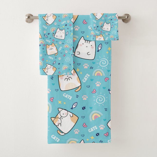 Cute Kitty Cat Pattern Whimsical Bath Towel Set (Insitu)