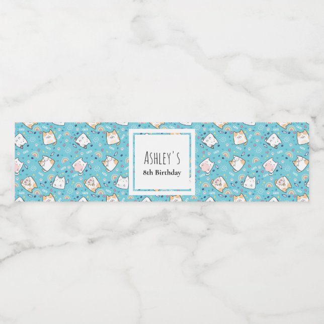 Cute Kitty Cat Pattern Whimsical Birthday Water Bottle Label (Single Label)