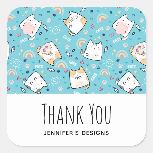 Cute Kitty Cat Pattern Whimsical Business Square Sticker (Front)