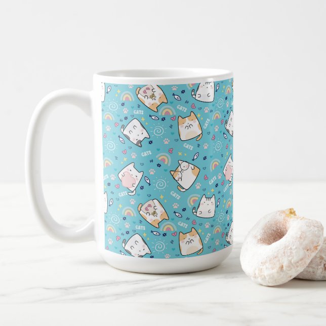  Cute Kitty Cat Pattern Whimsical Coffee Mug (With Donut)