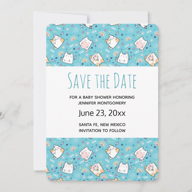  Cute Kitty Cat Pattern Whimsical Save the Date (Front)