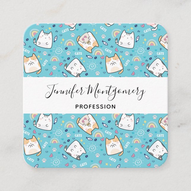  Cute Kitty Cat Pattern Whimsical Square Business Card (Front)