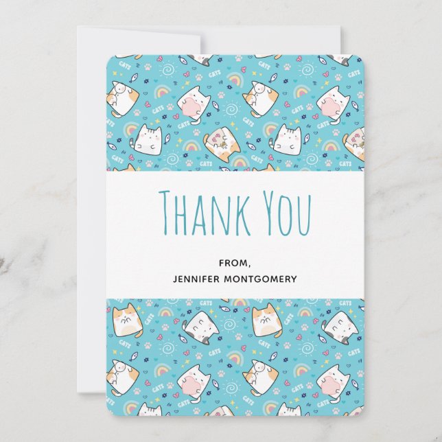 Cute Kitty Cat Pattern Whimsical Thank You Card (Front)