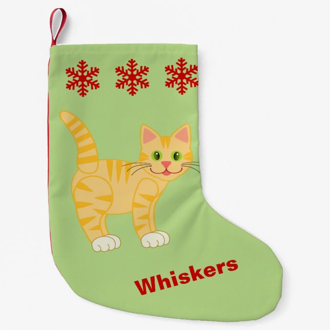 Cute Kitty Cat Pet Snowflakes Optional Custom Name Small Christmas Stocking (Front)