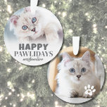 Cute Kitty Cat Photo Happy Pawlidays Ornament<br><div class="desc">Personalised "Happy PAWlidays" Cat Photo Ornament. Bring some holiday cheer and humour to your decor with this fun cat ornament, perfect for those with a mischievous kitten, sassy kitty, or beloved furbaby. The front features the festive text "Happy PAWlidays" as a playful twist on the traditional holiday greeting, along with...</div>