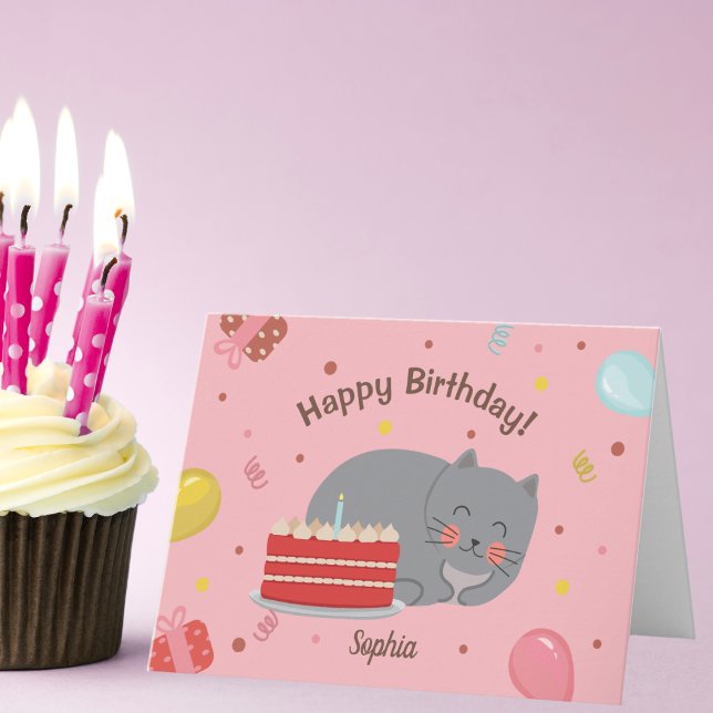 Cute Kitty Cat Pink Birthday Party Card (Creator Uploaded)