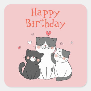Cute Kitty Cat Pink Happy Birthday  Square Sticker
