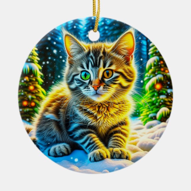Cute Kitty Cat Playing Outside on Christmas Eve Ceramic Tree Decoration (Front)