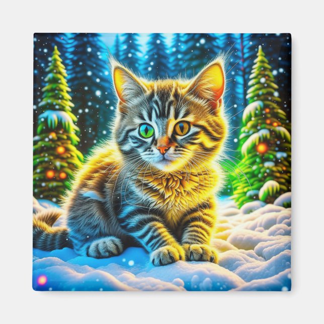 Cute Kitty Cat Playing Outside on Christmas Eve Magnet (Front)