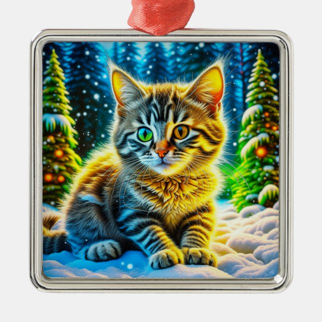 Cute Kitty Cat Playing Outside on Christmas Eve Metal Tree Decoration (Front)