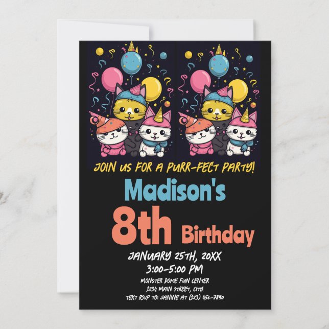 Cute Kitty Cat Purr-Fect Party Cats Birthday Invitation (Front)