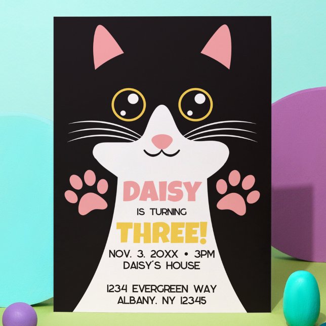 Cute Kitty Cat Themed Kids Birthday Invitation (Cute Kitty Cat kid's birthday invitation with custom details. Oversized cat face with cute paw print)