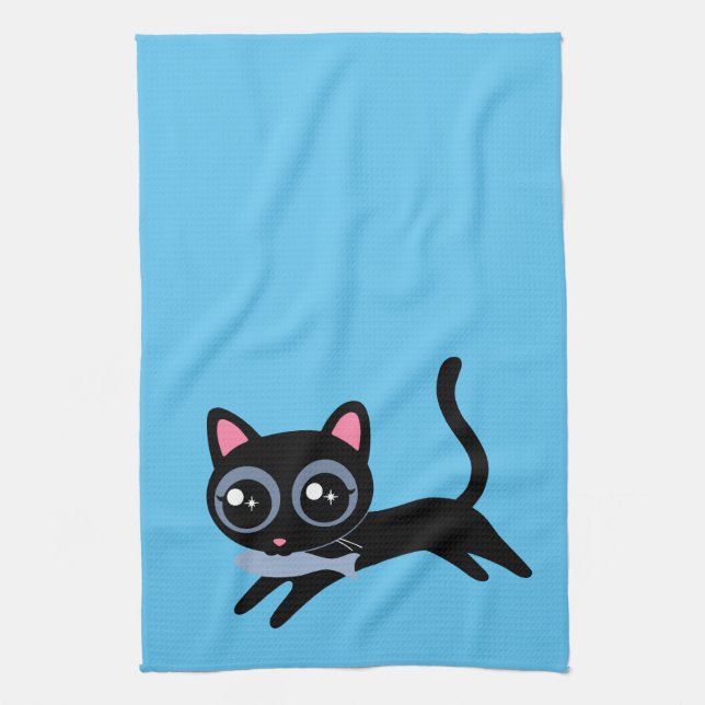 Cute Kitty Cat with Fish Gift for Girlfriend Tea Towel (Vertical)