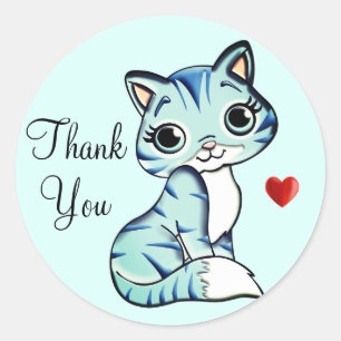Cute kitty cat with heart Thank You on Light Blue Classic Round Sticker