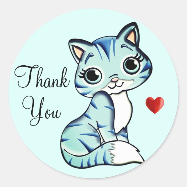 Cute kitty cat with heart Thank You on Light Blue Classic Round Sticker (Front)