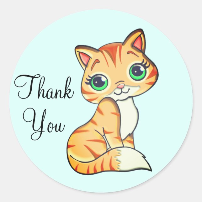 Cute kitty cat with heart Thank You on Light Blue  Classic Round Sticker (Front)